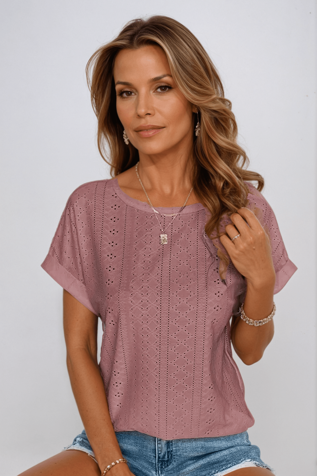 Priya | Women's Cotton Eyelet Short Sleeve Round Neck Top Carol & Margaret Wilmington