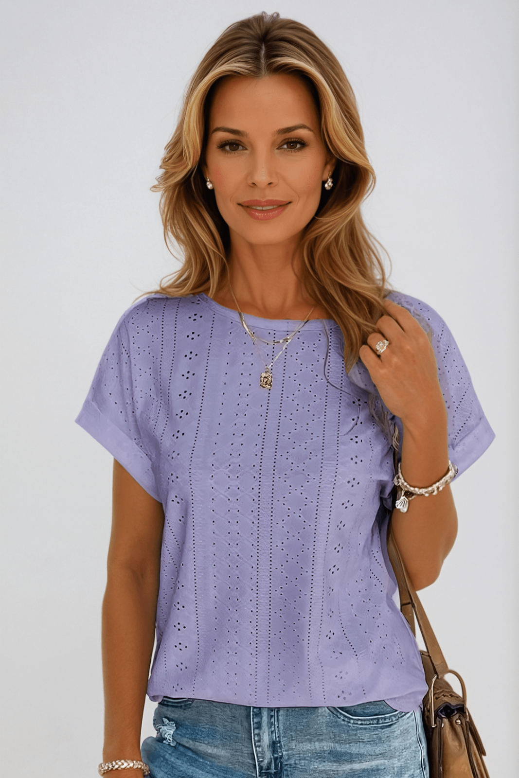 Priya | Women's Cotton Eyelet Short Sleeve Round Neck Top Carol & Margaret Wilmington