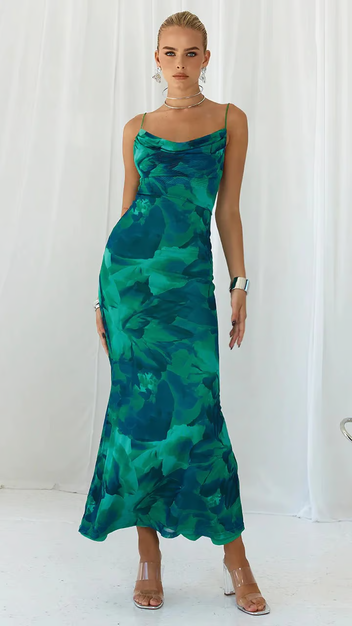Ravenna | Women's Green Chiffon Print Cowl Neck Spaghetti Strap Maxi Dress Carol & Margaret Wilmington