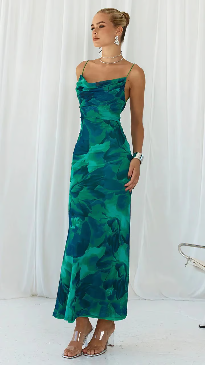 Ravenna | Women's Green Chiffon Print Cowl Neck Spaghetti Strap Maxi Dress Carol & Margaret Wilmington