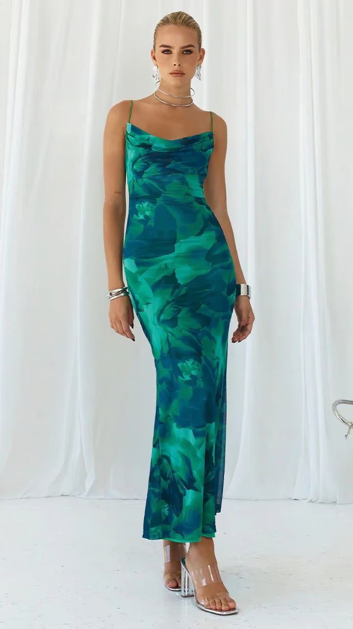 Ravenna | Women's Green Chiffon Print Cowl Neck Spaghetti Strap Maxi Dress Carol & Margaret Wilmington