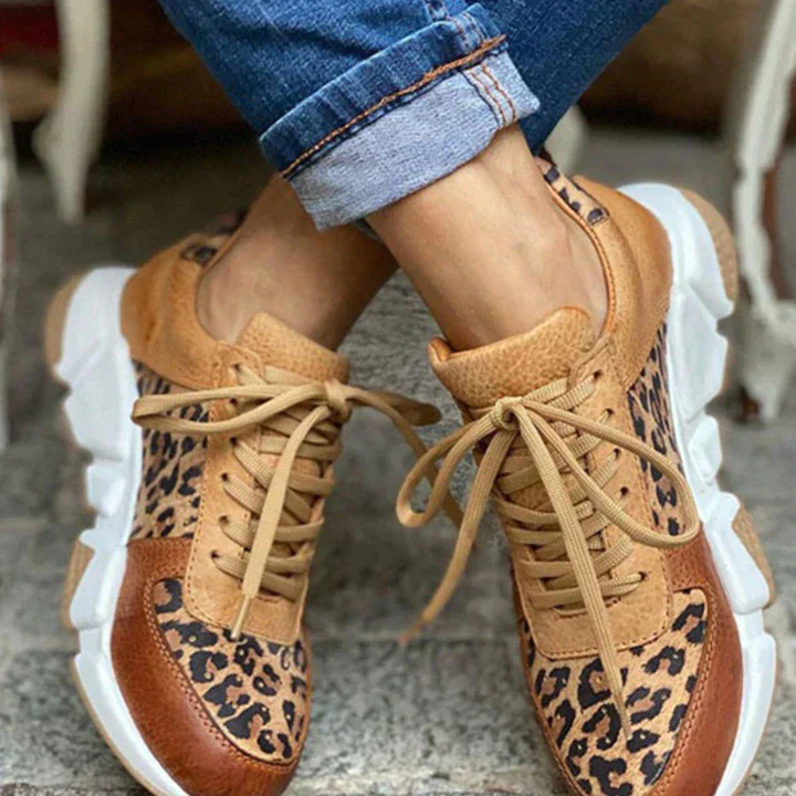 Rayne | Women's Brown Leather Leopard Print Lace-Up Chunky Sneakers Carol & Margaret Wilmington