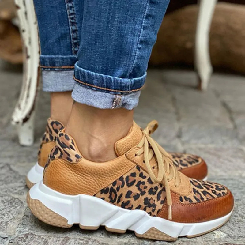 Rayne | Women's Brown Leather Leopard Print Lace-Up Chunky Sneakers Carol & Margaret Wilmington