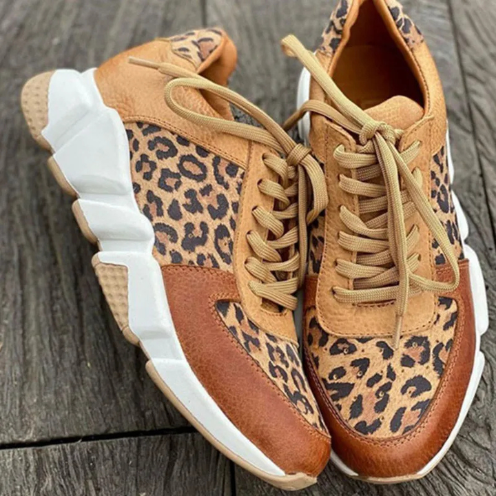Rayne | Women's Brown Leather Leopard Print Lace-Up Chunky Sneakers Carol & Margaret Wilmington