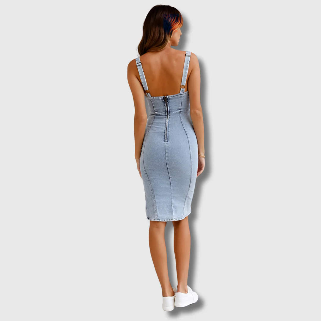 Reeva | Women's Denim Bustier Bodycon Side-Slit Midi Dress Carol & Margaret Wilmington