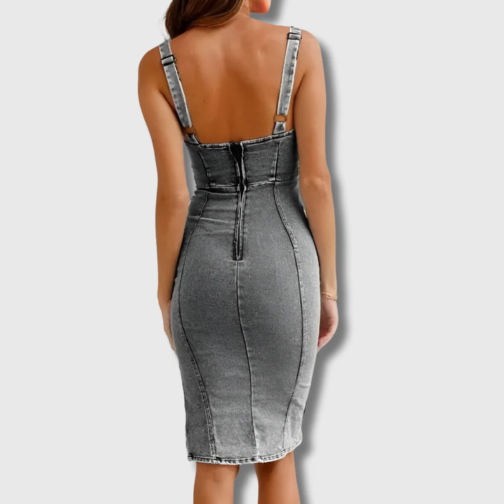 Reeva | Women's Denim Bustier Bodycon Side-Slit Midi Dress Carol & Margaret Wilmington