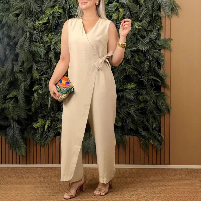 Reina | Women's Linen Wrap V-Neck Tie-Waist Straight-Leg Jumpsuit Carol & Margaret Wilmington