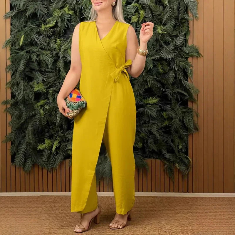 Reina | Women's Linen Wrap V-Neck Tie-Waist Straight-Leg Jumpsuit Carol & Margaret Wilmington