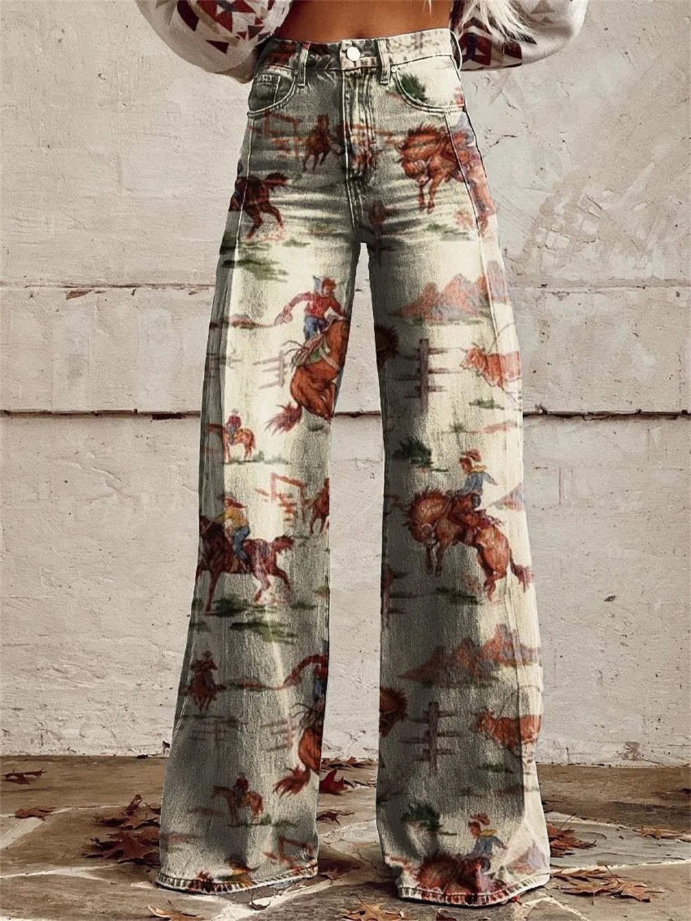 Ria | Women's Denim Western Print High-Waist Wide-Leg Pants Carol & Margaret Wilmington