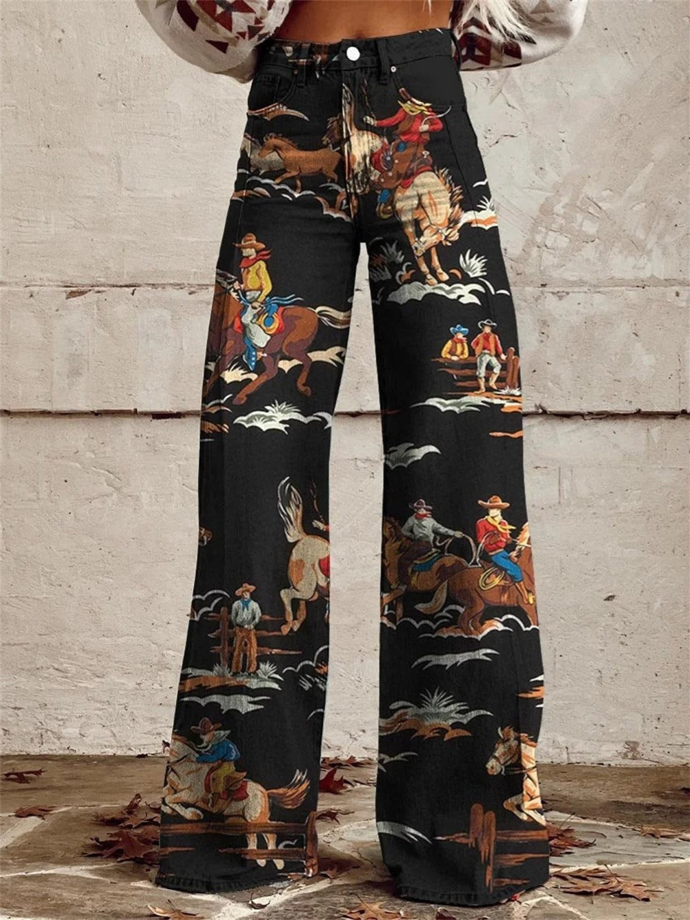 Ria | Women's Denim Western Print High-Waist Wide-Leg Pants Carol & Margaret Wilmington