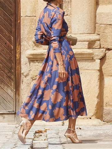 Romilda | Women's Blue Satin Floral Print Belted Shirt Midi Dress Carol & Margaret Wilmington
