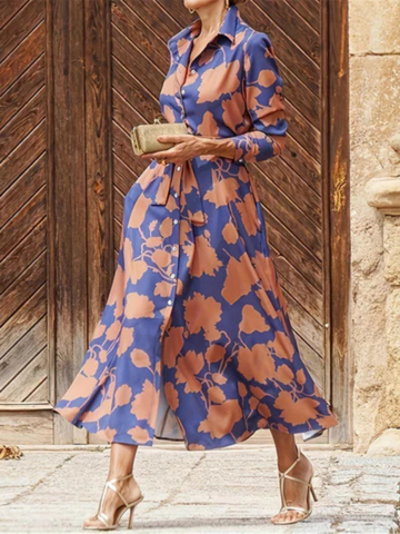 Romilda | Women's Blue Satin Floral Print Belted Shirt Midi Dress Carol & Margaret Wilmington