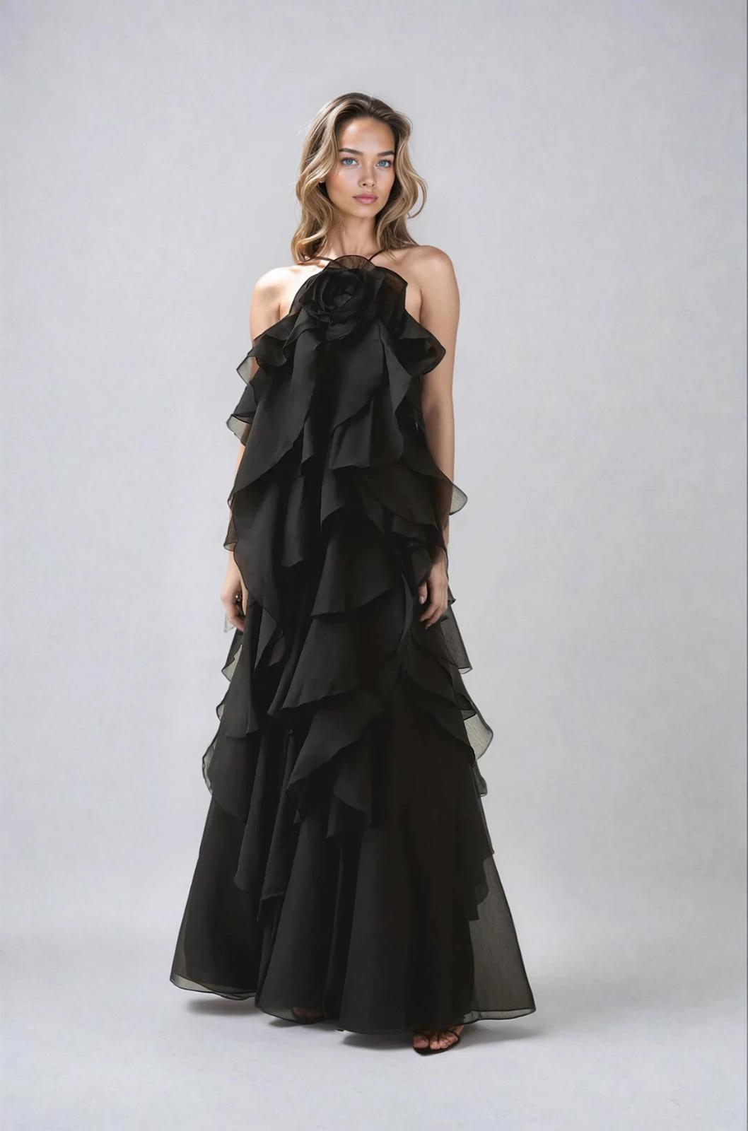 Rosalind | Women's Chiffon Tiered Ruffle Halter Neck Maxi Dress Carol & Margaret Wilmington
