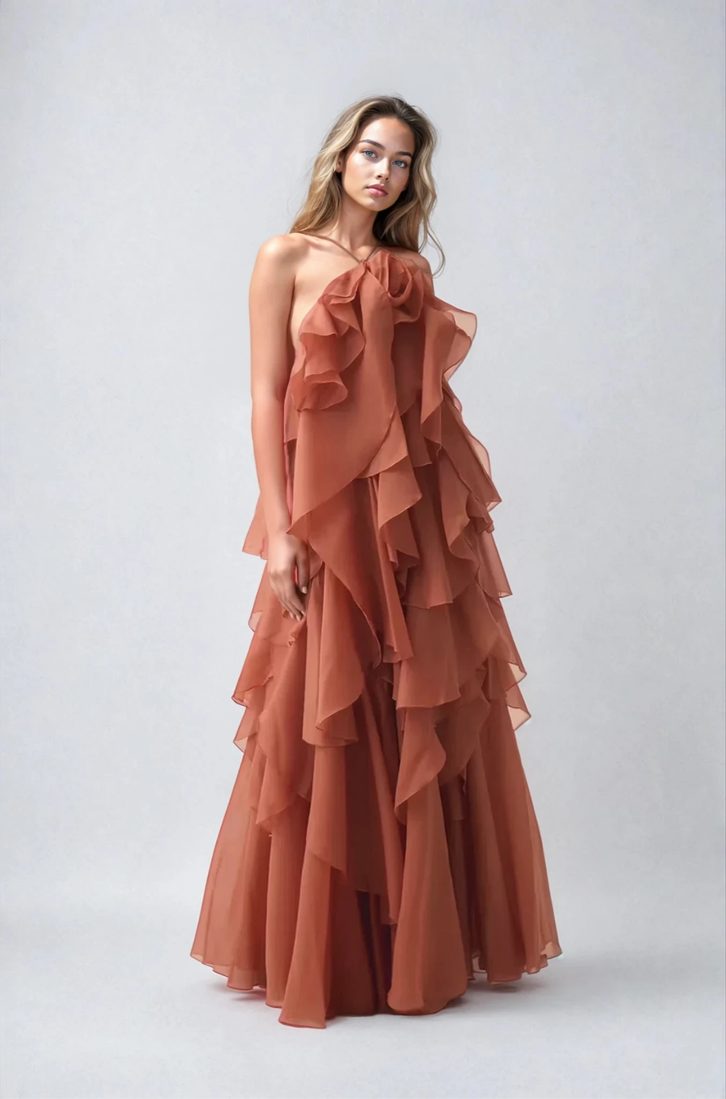 Rosalind | Women's Chiffon Tiered Ruffle Halter Neck Maxi Dress Carol & Margaret Wilmington