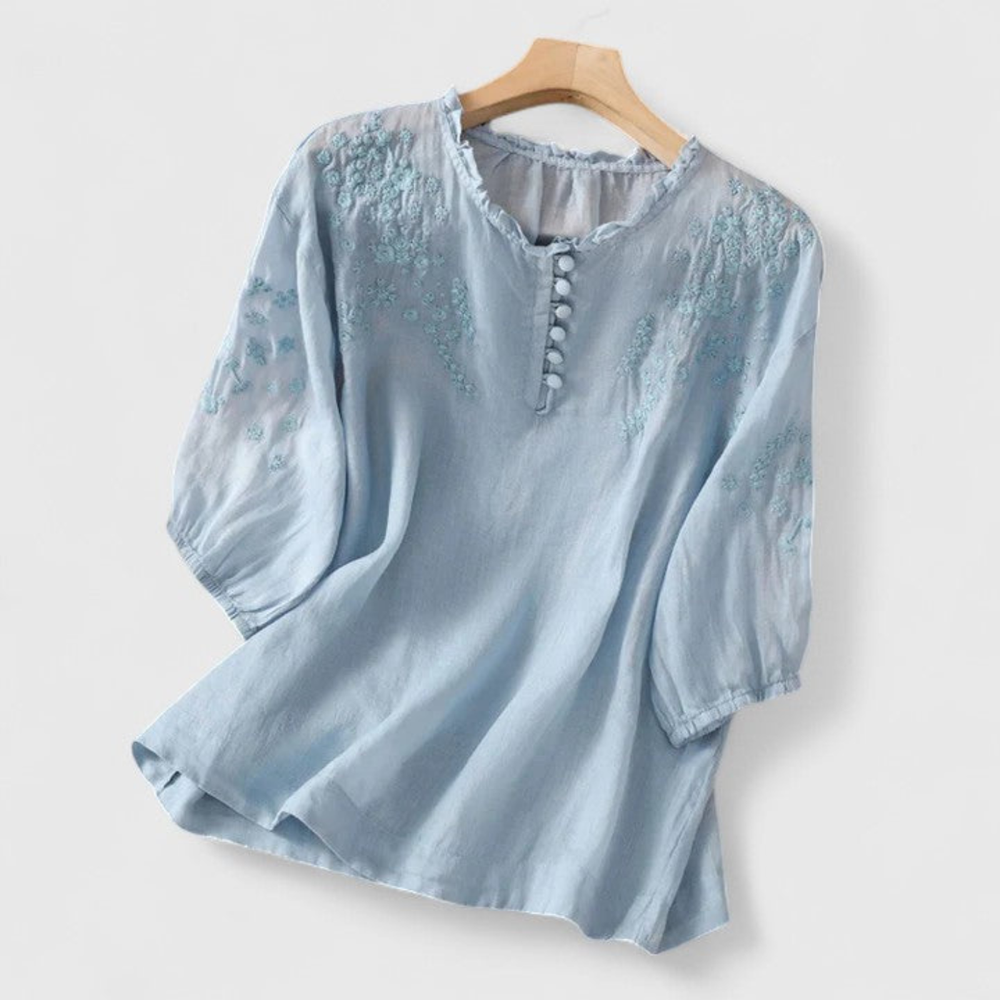 Rosie | Women's Linen Embroidered Ruffle Collar Pom-Pom Blouse Carol & Margaret Wilmington