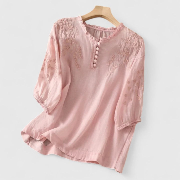 Rosie | Women's Linen Embroidered Ruffle Collar Pom-Pom Blouse Carol & Margaret Wilmington