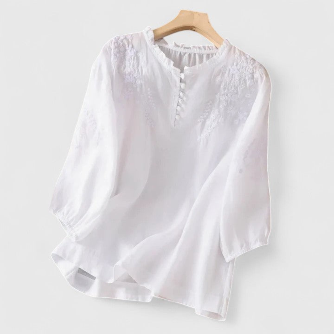 Rosie | Women's Linen Embroidered Ruffle Collar Pom-Pom Blouse Carol & Margaret Wilmington