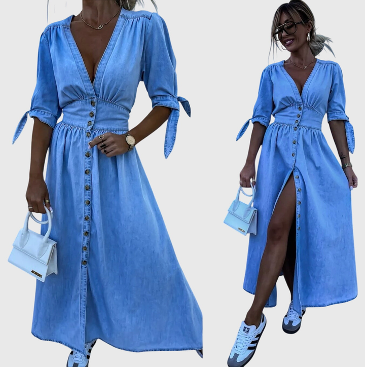 Roslyn | Women's Denim V-Neck Tie-Sleeve Button-Front Maxi Dress Carol & Margaret Wilmington
