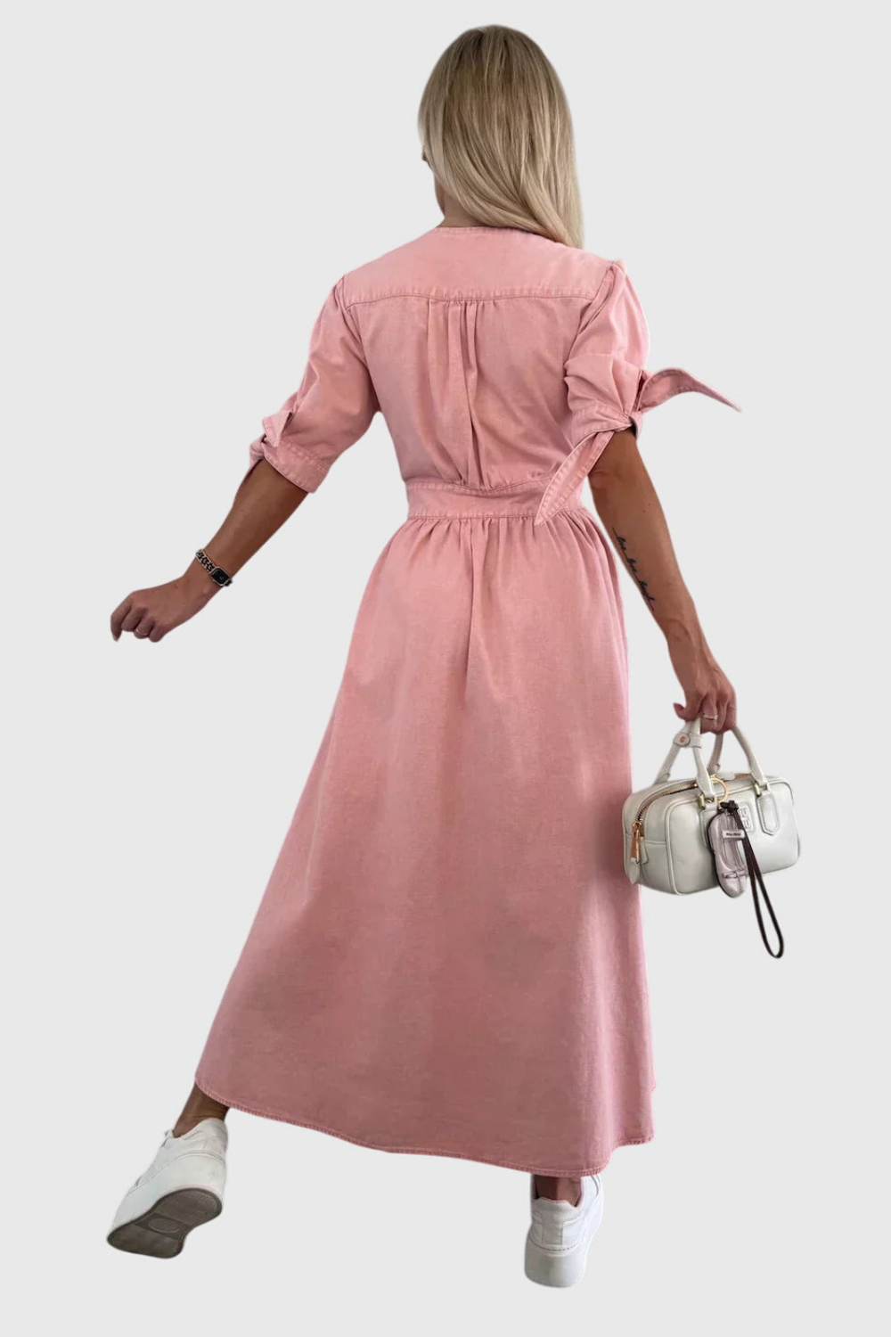 Roslyn | Women's Denim V-Neck Tie-Sleeve Button-Front Maxi Dress Carol & Margaret Wilmington