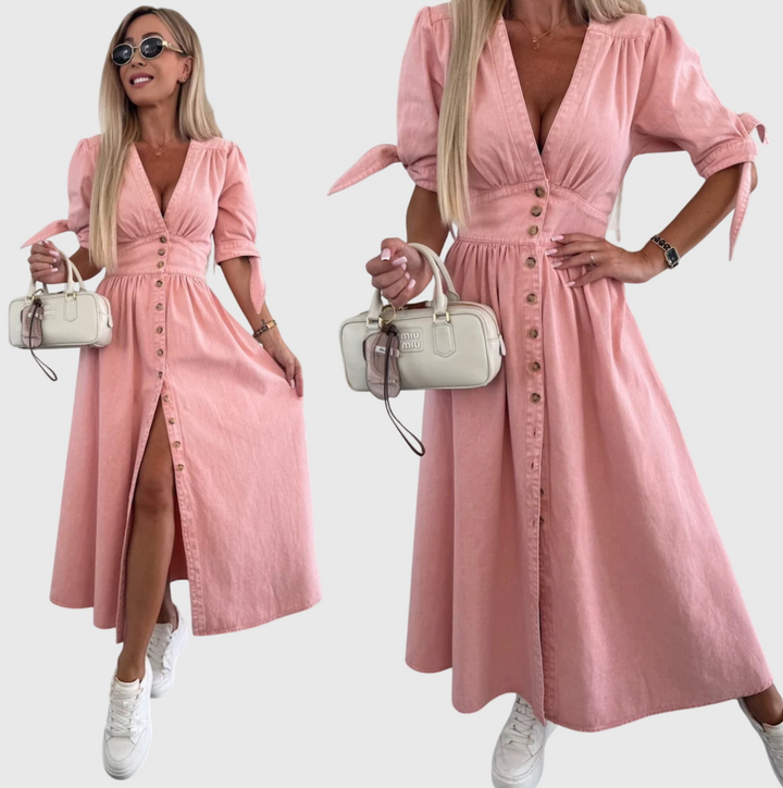 Roslyn | Women's Denim V-Neck Tie-Sleeve Button-Front Maxi Dress Carol & Margaret Wilmington