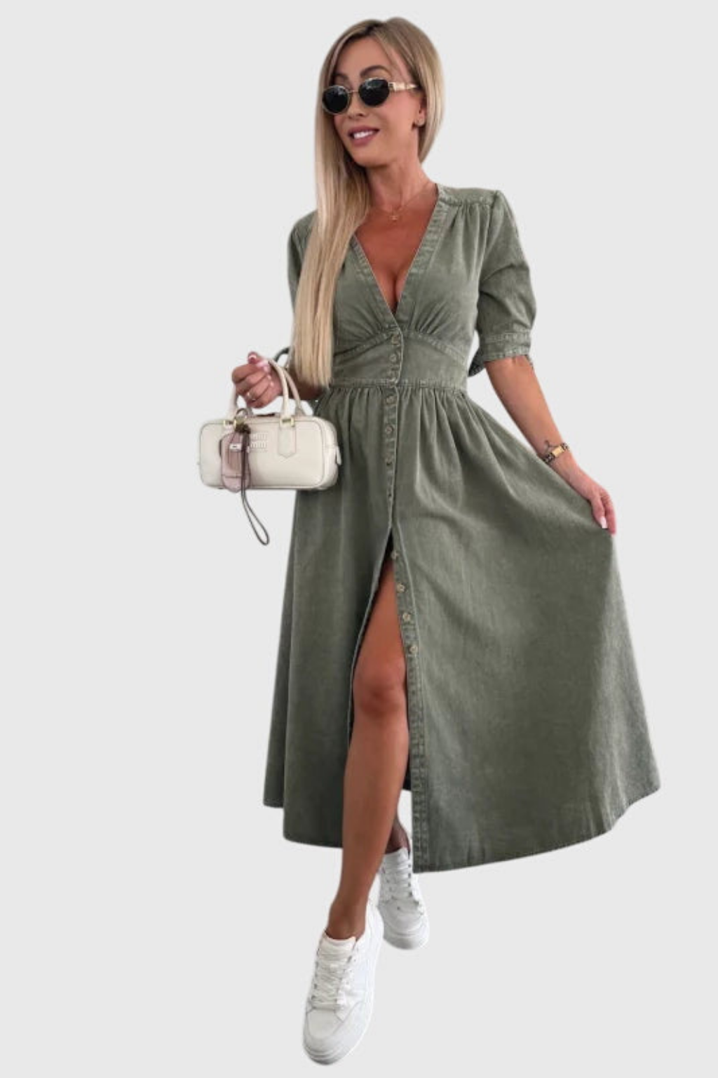 Roslyn | Women's Denim V-Neck Tie-Sleeve Button-Front Maxi Dress Carol & Margaret Wilmington