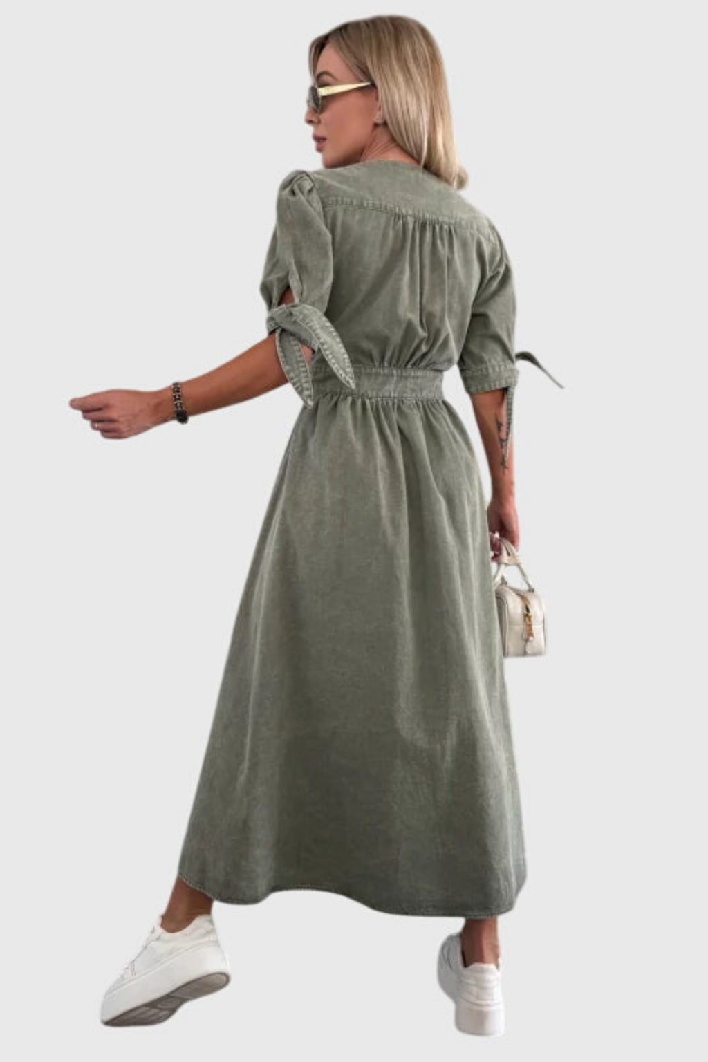 Roslyn | Women's Denim V-Neck Tie-Sleeve Button-Front Maxi Dress Carol & Margaret Wilmington