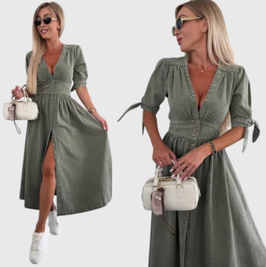 Roslyn | Women's Denim V-Neck Tie-Sleeve Button-Front Maxi Dress Carol & Margaret Wilmington