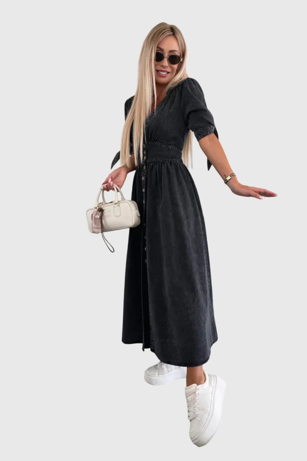 Roslyn | Women's Denim V-Neck Tie-Sleeve Button-Front Maxi Dress Carol & Margaret Wilmington