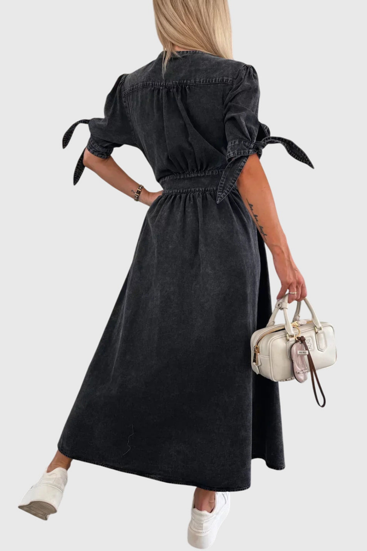 Roslyn | Women's Denim V-Neck Tie-Sleeve Button-Front Maxi Dress Carol & Margaret Wilmington