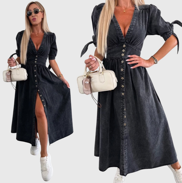 Roslyn | Women's Denim V-Neck Tie-Sleeve Button-Front Maxi Dress Carol & Margaret Wilmington