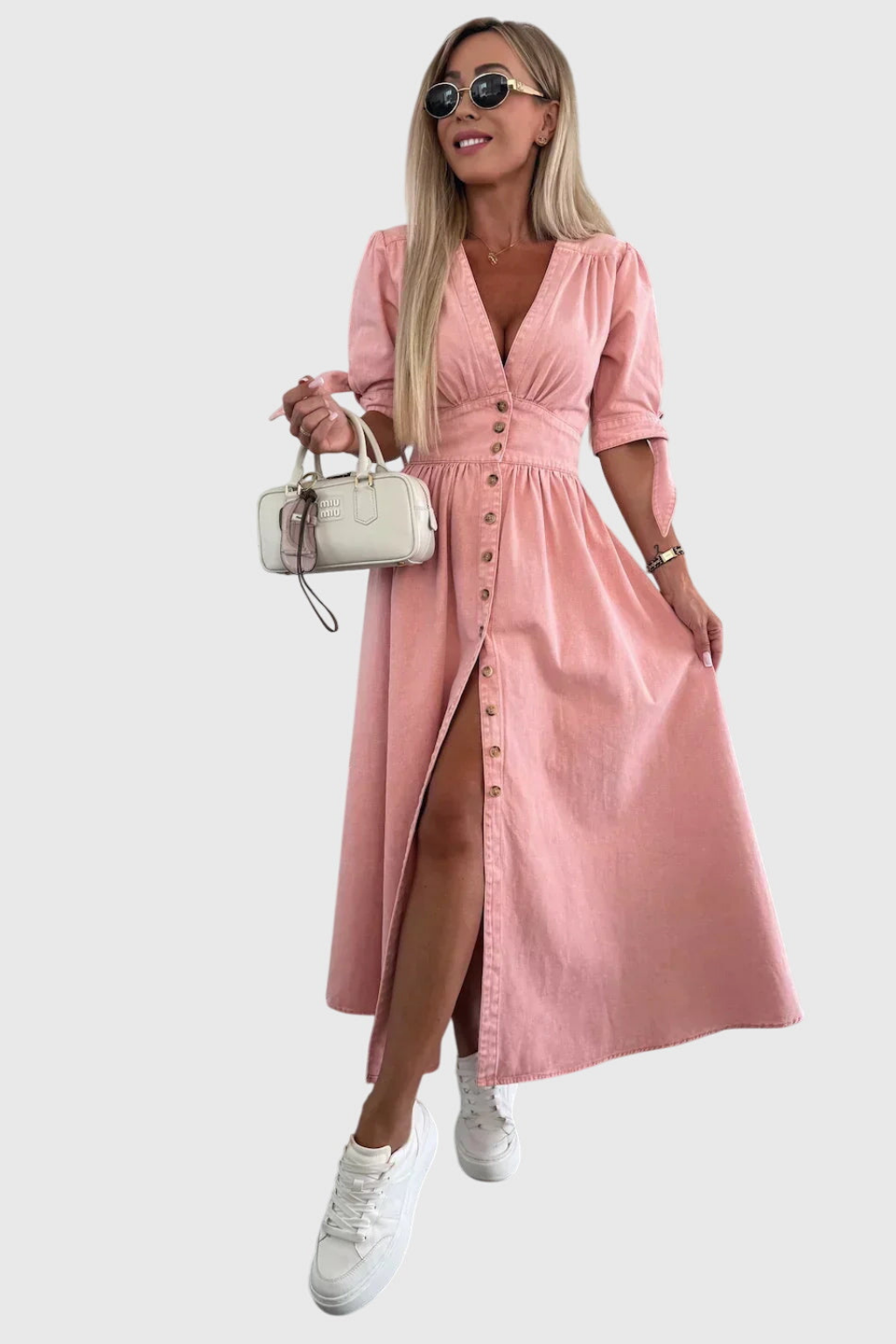 Roslyn | Women's Denim V-Neck Tie-Sleeve Button-Front Maxi Dress Carol & Margaret Wilmington