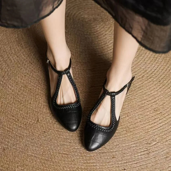 Roslyn | Women's Leather Braided Cutout Low Block Heel Mary Jane Carol & Margaret Wilmington