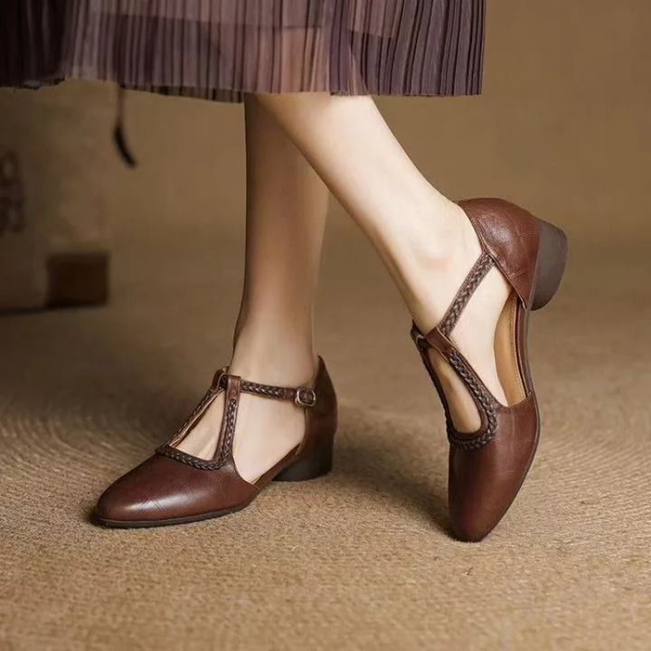 Roslyn | Women's Leather Braided Cutout Low Block Heel Mary Jane Carol & Margaret Wilmington