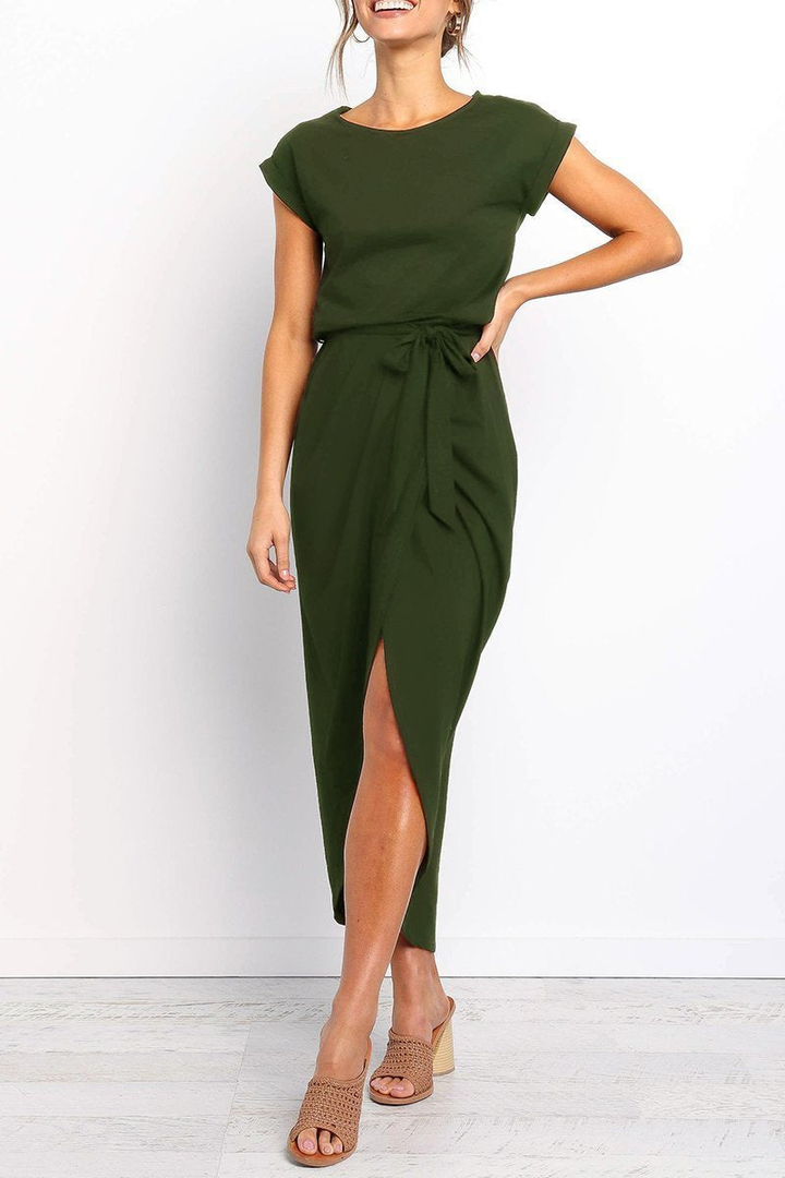 Rowena | Women's Chiffon Cap Sleeve Belted Wrap Midi Dress Carol & Margaret Wilmington