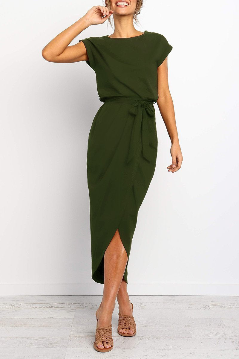 Rowena | Women's Chiffon Cap Sleeve Belted Wrap Midi Dress Carol & Margaret Wilmington