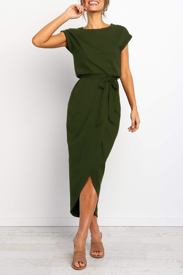 Rowena | Women's Chiffon Cap Sleeve Belted Wrap Midi Dress Carol & Margaret Wilmington