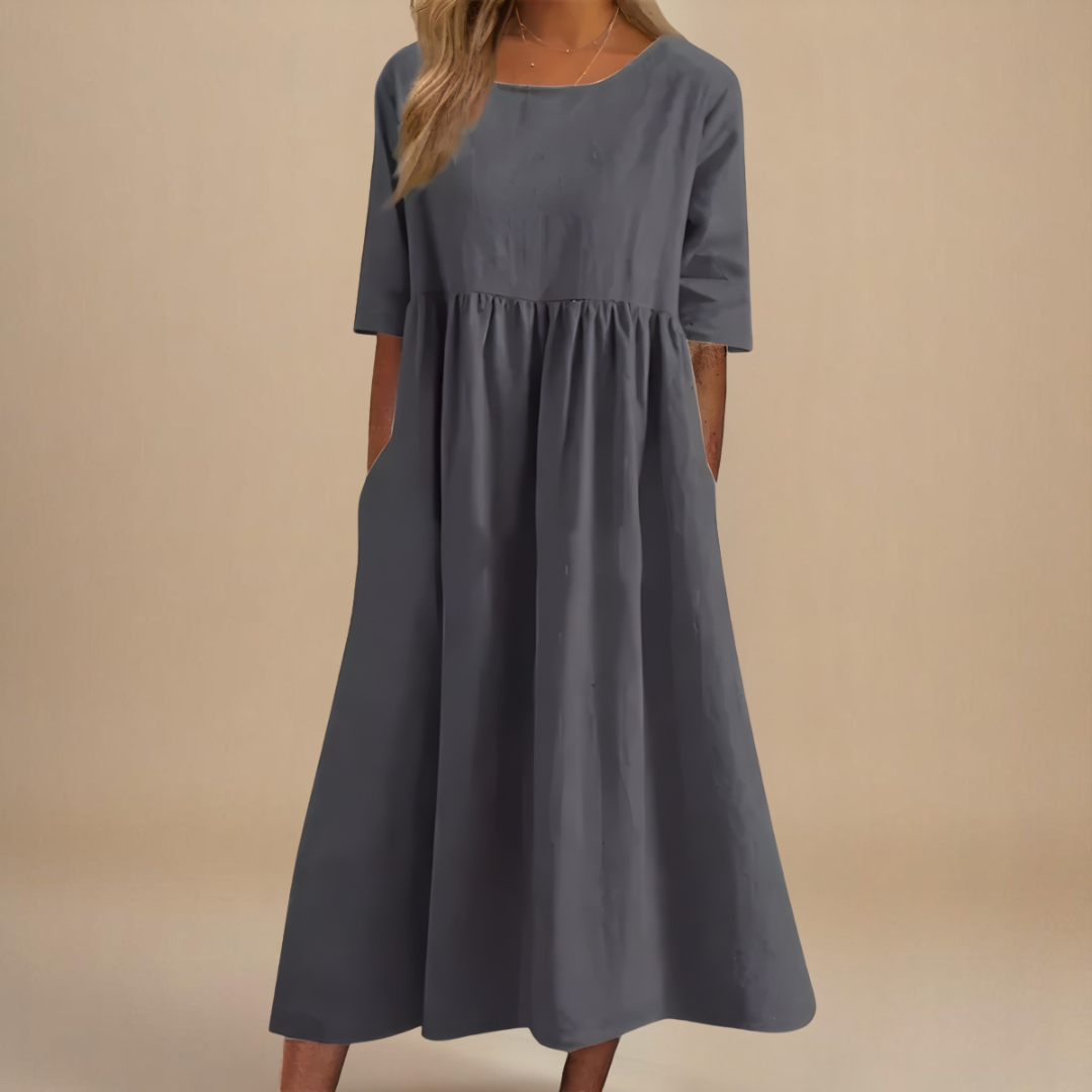 Plus Size Cotton Linen Midi Dress | Round Neck Pocket Dress, Dark Grey / S Plus Size Cotton Linen Midi Dress | Round Neck Pocket Dress, Dark Grey / S