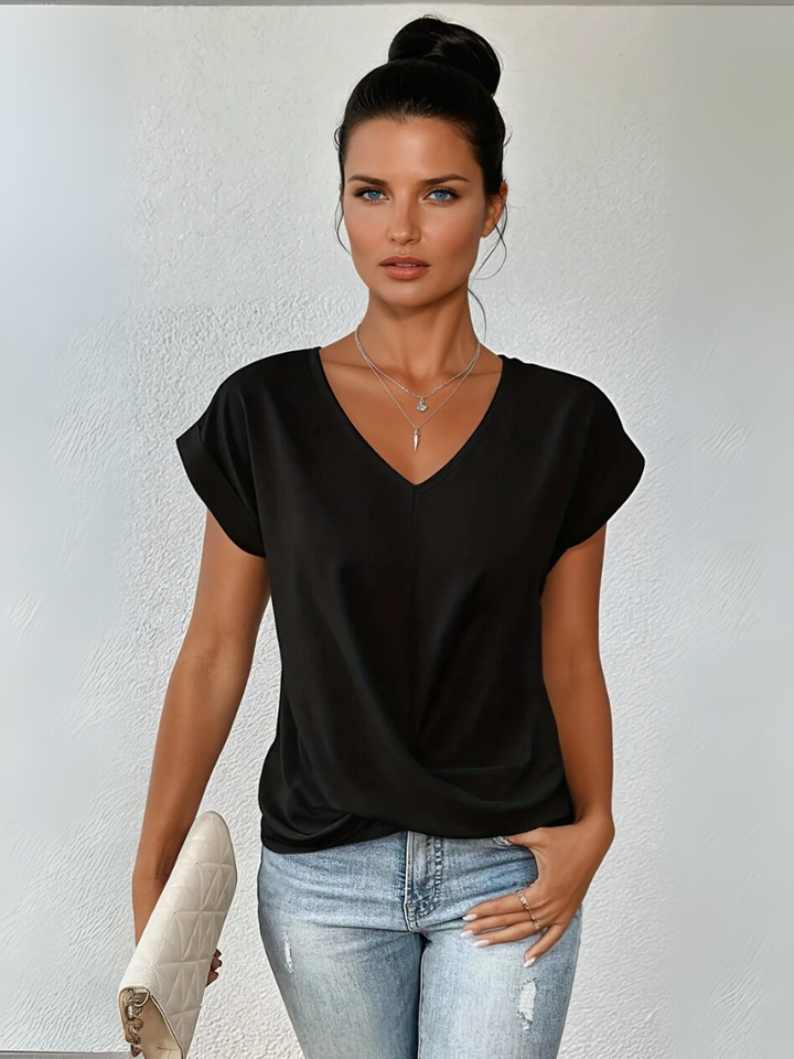 Sanne | Women's Satin Twist-Front V-Neck Short Sleeve Top Carol & Margaret Wilmington