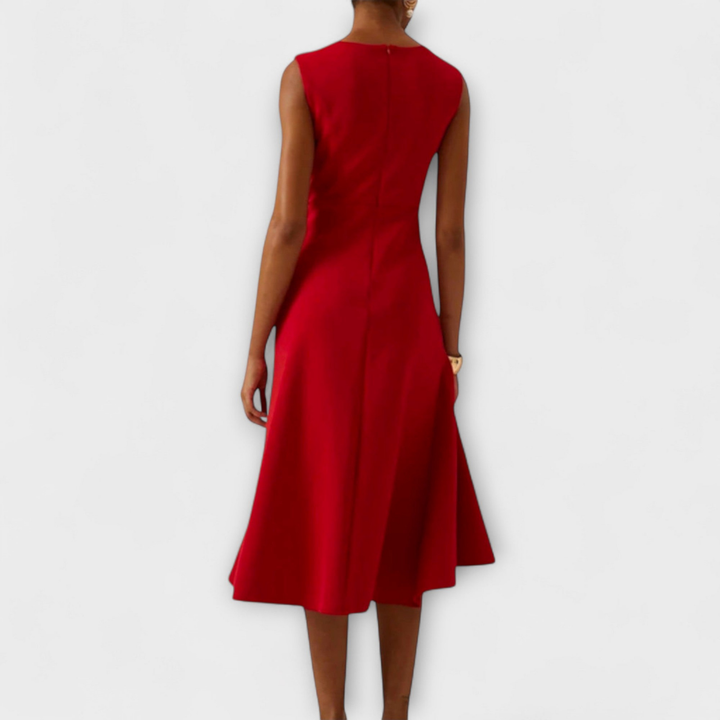 Scarlett | Women's Stretch Sleeveless Draped Knot Ruffle Midi Dress Carol & Margaret Wilmington