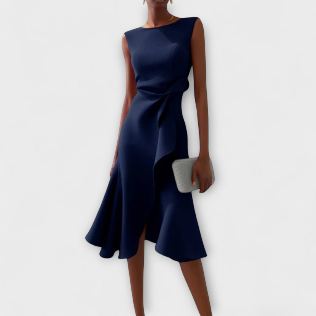 Scarlett | Women's Stretch Sleeveless Draped Knot Ruffle Midi Dress Carol & Margaret Wilmington