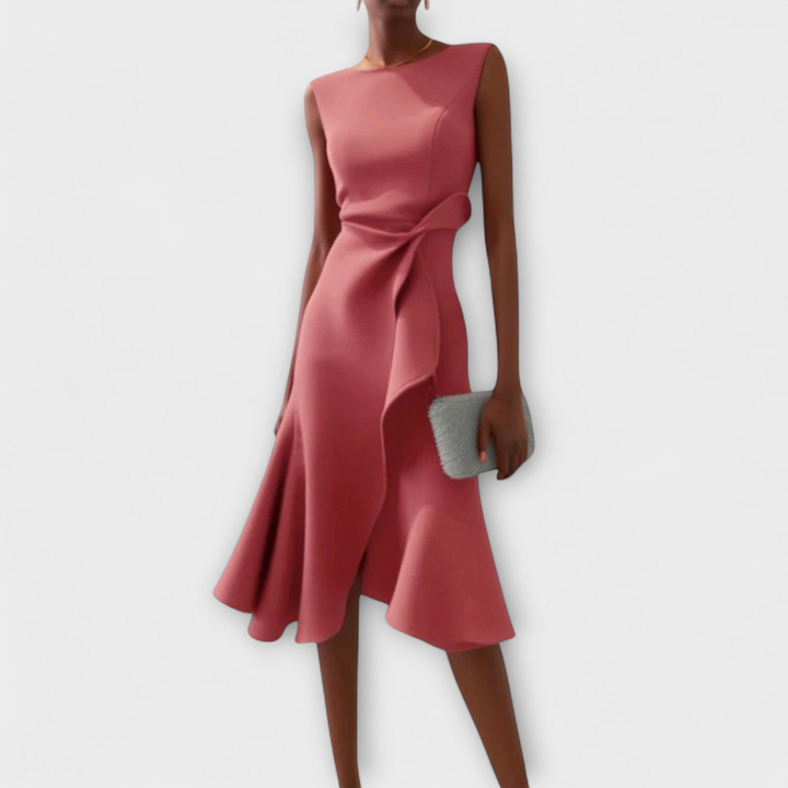 Scarlett | Women's Stretch Sleeveless Draped Knot Ruffle Midi Dress Carol & Margaret Wilmington