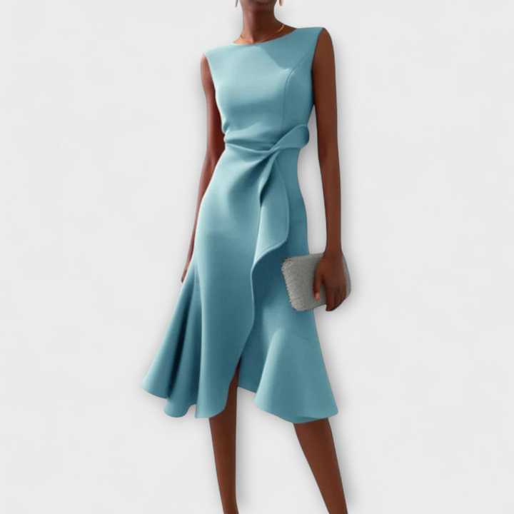 Scarlett | Women's Stretch Sleeveless Draped Knot Ruffle Midi Dress Carol & Margaret Wilmington