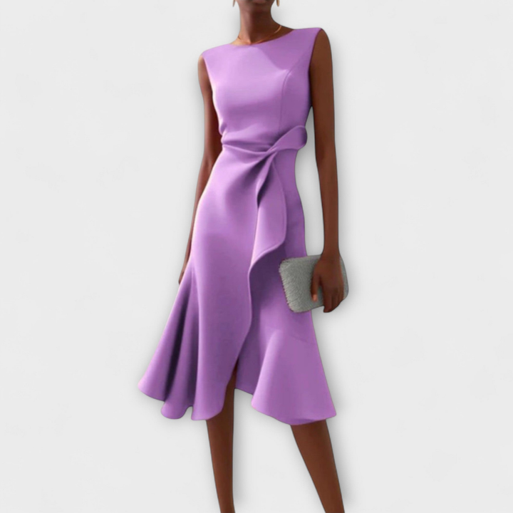 Scarlett | Women's Stretch Sleeveless Draped Knot Ruffle Midi Dress Carol & Margaret Wilmington