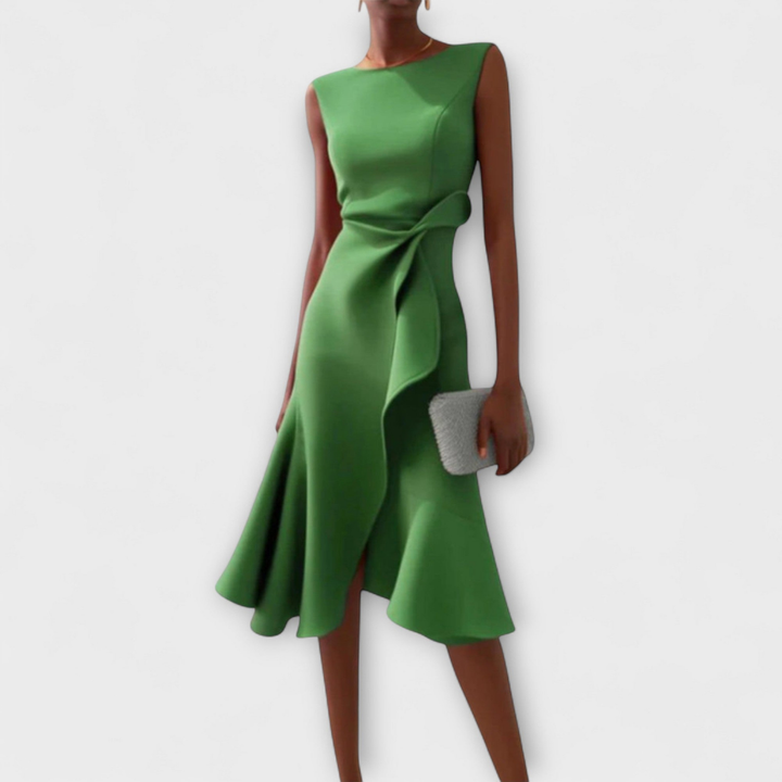 Scarlett | Women's Stretch Sleeveless Draped Knot Ruffle Midi Dress Carol & Margaret Wilmington