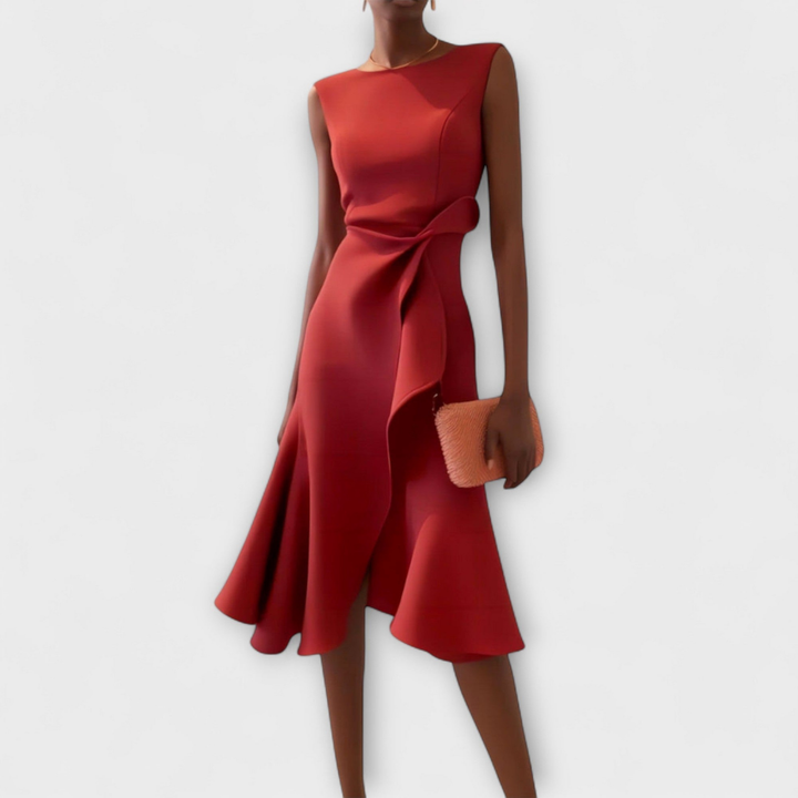 Scarlett | Women's Stretch Sleeveless Draped Knot Ruffle Midi Dress Carol & Margaret Wilmington