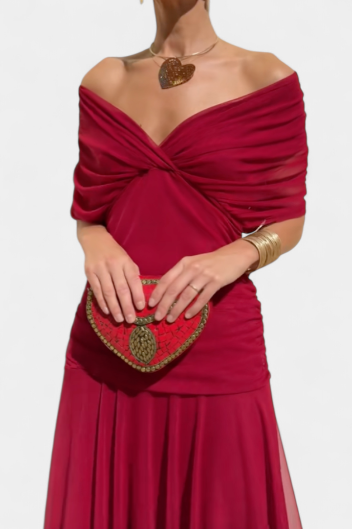 Selene | Women's Chiffon Off-Shoulder Ruched Twist-Front Midi Dress Carol & Margaret Wilmington