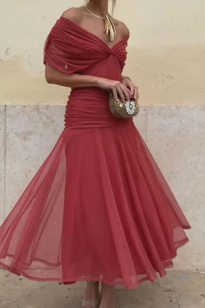 Selene | Women's Chiffon Off-Shoulder Ruched Twist-Front Midi Dress Carol & Margaret Wilmington