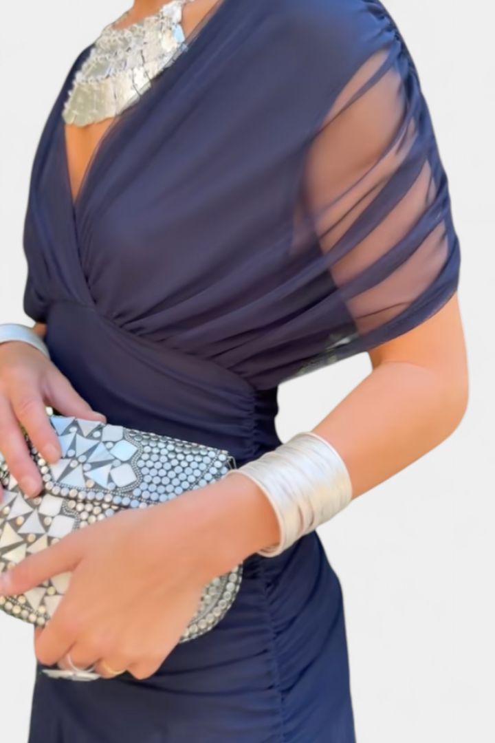 Selene | Women's Chiffon Off-Shoulder Ruched Twist-Front Midi Dress Carol & Margaret Wilmington