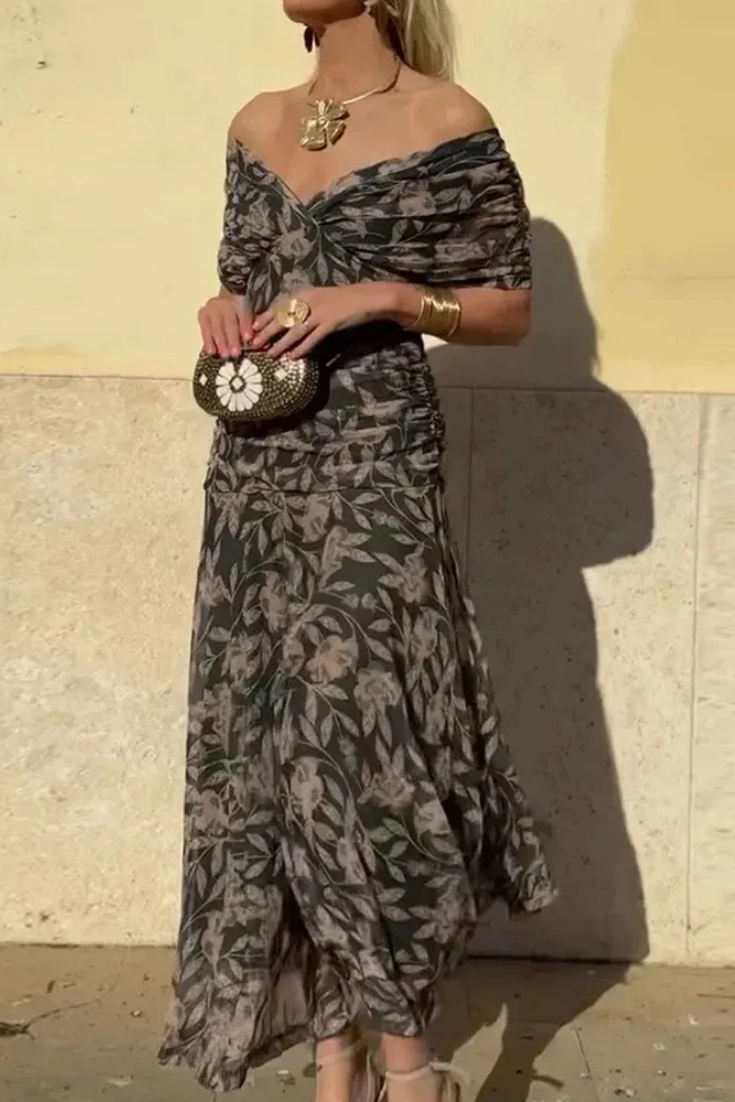 Selene | Women's Chiffon Off-Shoulder Ruched Twist-Front Midi Dress Carol & Margaret Wilmington