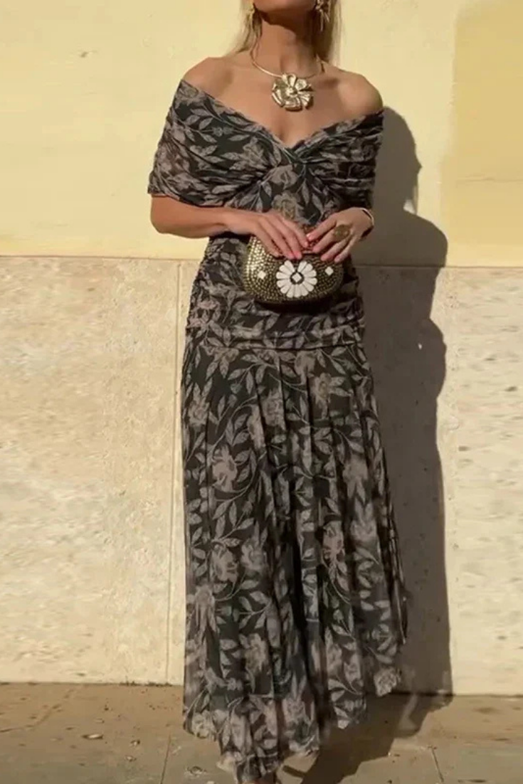 Selene | Women's Chiffon Off-Shoulder Ruched Twist-Front Midi Dress Carol & Margaret Wilmington